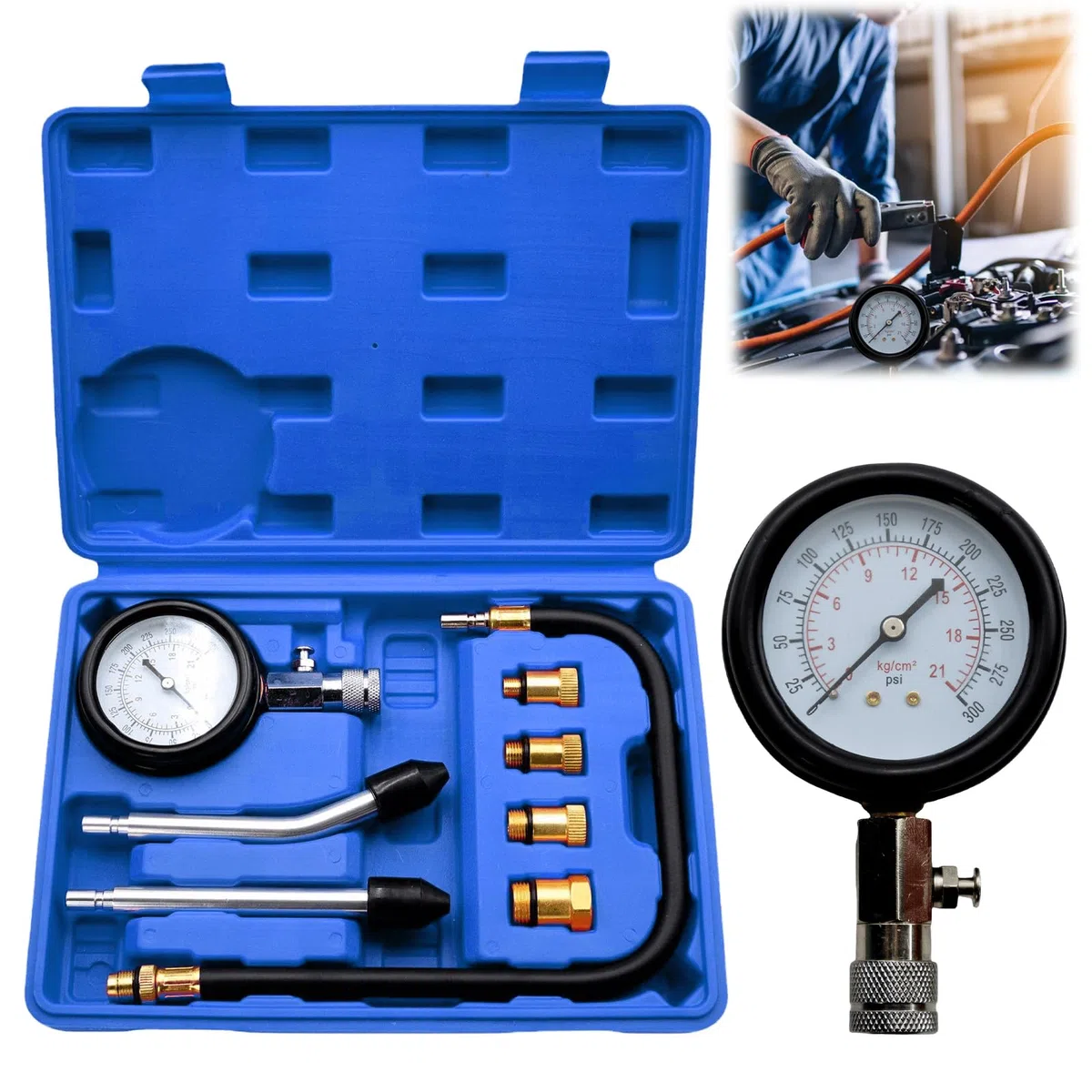 Vaileal Tester di compressione a benzina con manometro per candele e 4 adattatori, 0-20 bar o 0-300 psi, tester di pressione M10, M12, M14, M18 per auto, camion