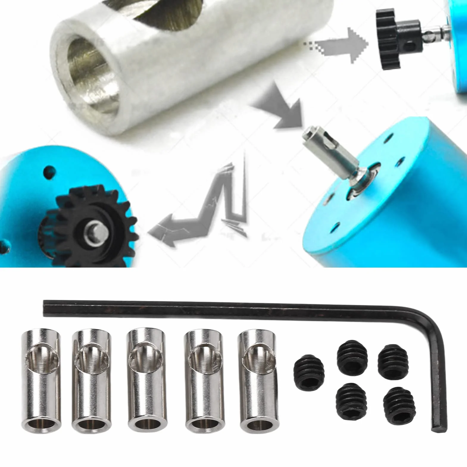 Cambio Dell'asse del Motore Dell'albero Dell'adattatore del Manicotto del Riduttore del Pignone da 3.17 Mm a 5 Mm Per La Conversione,Adattatore Per Albero Motore RC in Acciaio Inossidabile, Accessori