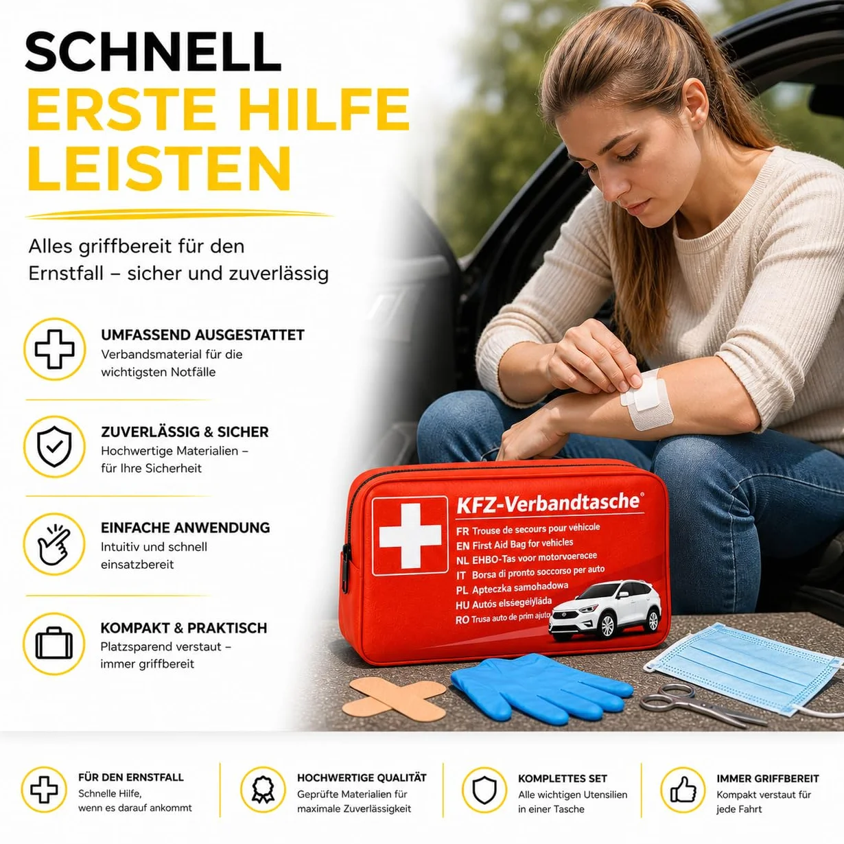 Kit di Pronto Soccorso per Auto 3 in 1, Testato nel 2026 e Accessori - con Giubbotto di Sicurezza e Triangolo di Emergenza per StVO