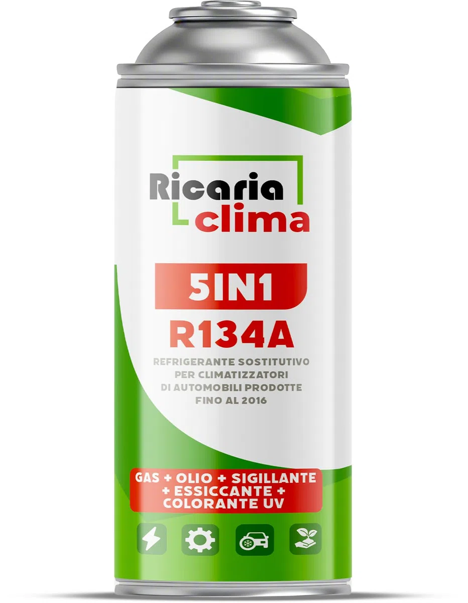 5-in-1 – Refrigerante R134a XL per climatizzatori auto con olio, sigillante, tracciante UV e disidratante – Protegge il compressore – 235 g per confezione