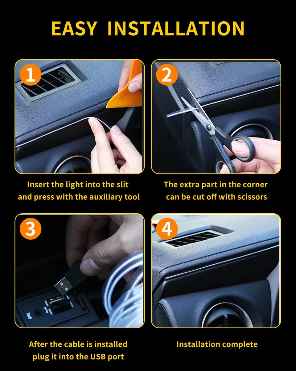 Filo elettroluminescente al neon 5 m/16 piedi per atmosfera decorativa interna dell'auto, striscia luminosa con bordo da cucire, decorazione per insegne fai-da-te con USB (bianco)