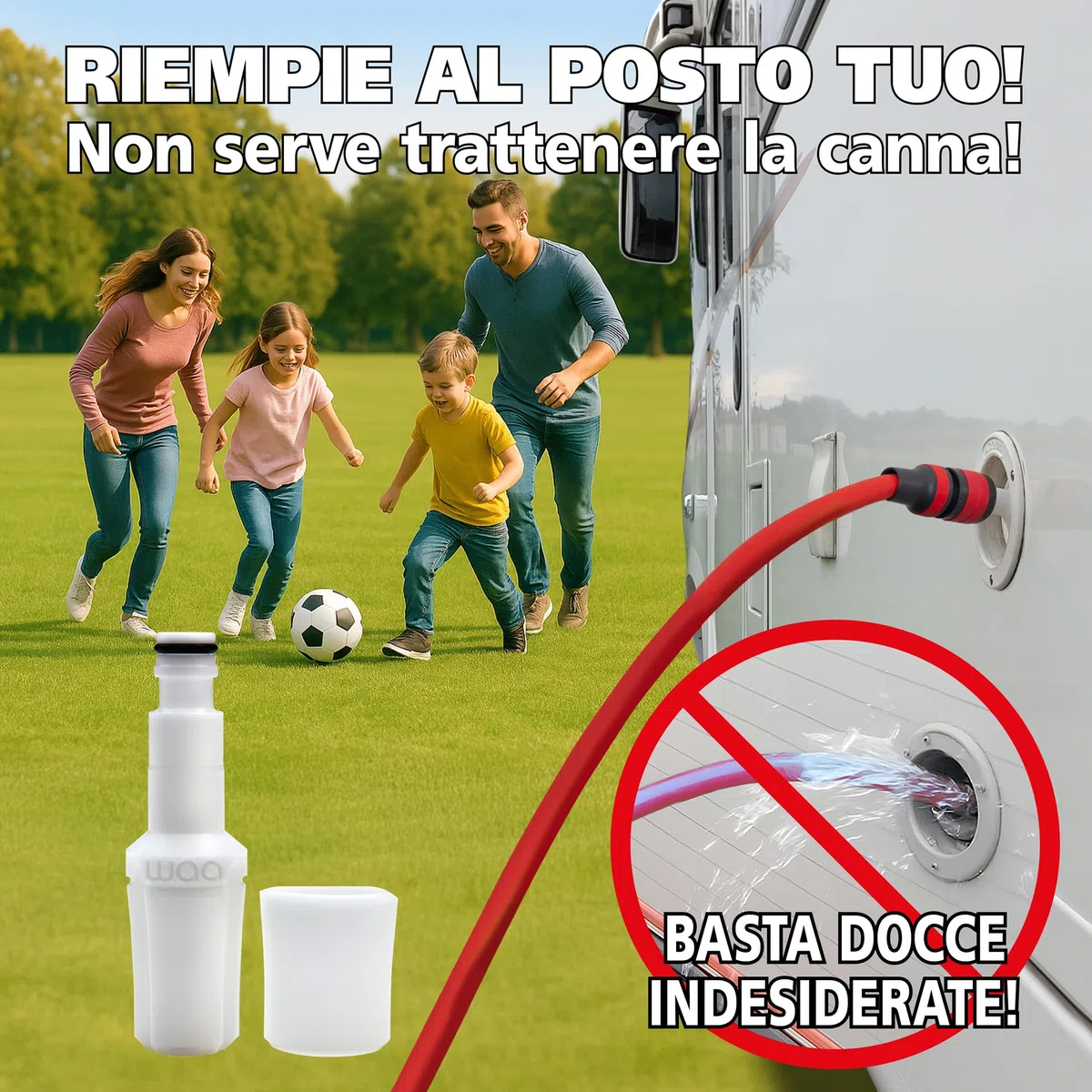 waa - Tappo Acqua Camper Universale, Adattatore Automatico per Carico Serbatoio, 3 Sfiati d’ Aria, Igienico, Sicuro, Semplice, Adatto a Bocchettoni da 28 a 37 mm, Compatibile con Gli Innesti Rapidi