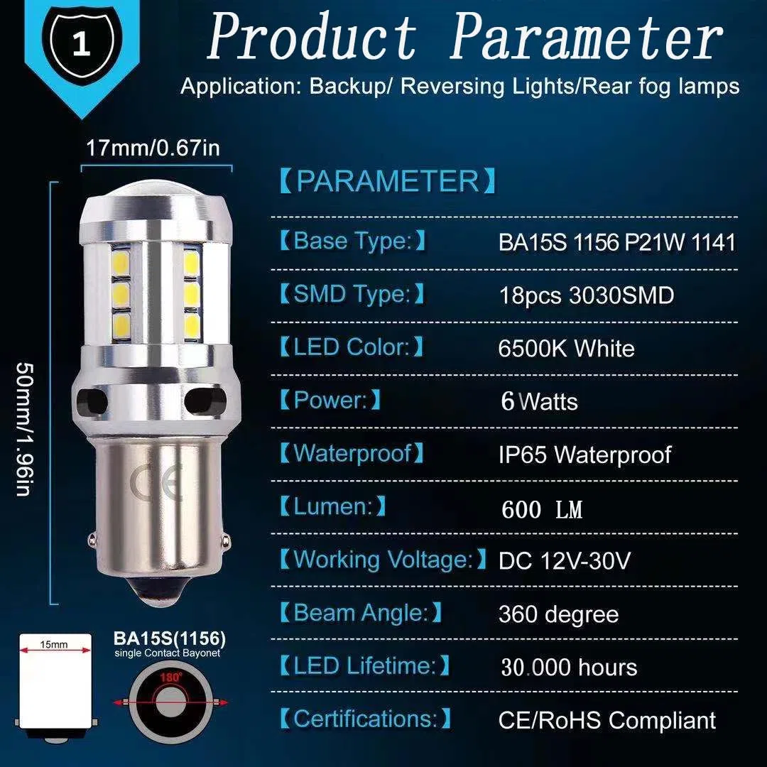 Bsxywa Ba15S 1156 P21w Led 12V 24V 6W Lampadine, Bianco 6000K, Contatto Singolo Baionetta, Per Interni Auto Rv, Luce Di Retromarcia, Luce Posteriore, Luce Di Parcheggio, Luci Drl, Barca. (2 Pezzis)