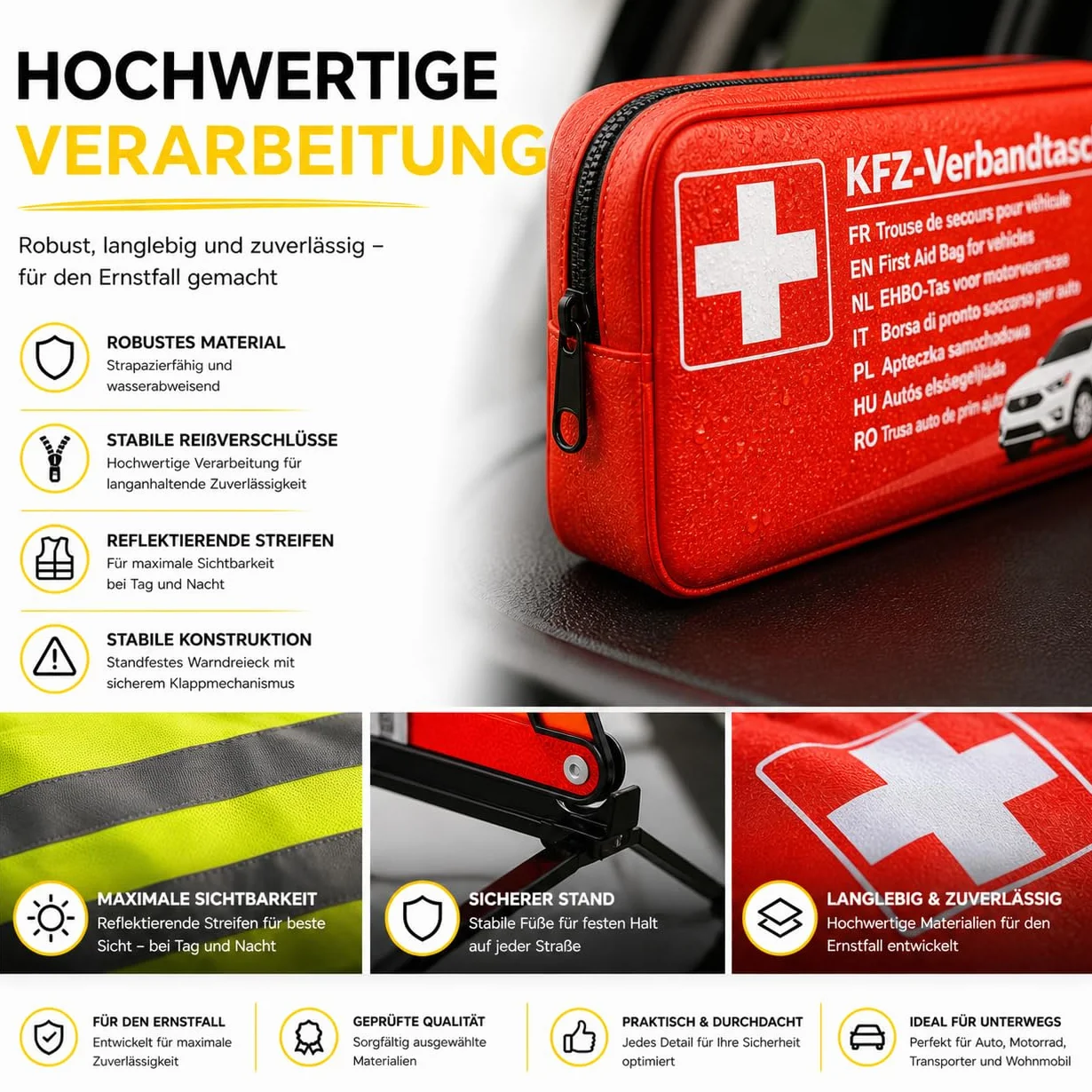 Kit di Pronto Soccorso per Auto 3 in 1, Testato nel 2026 e Accessori - con Giubbotto di Sicurezza e Triangolo di Emergenza per StVO