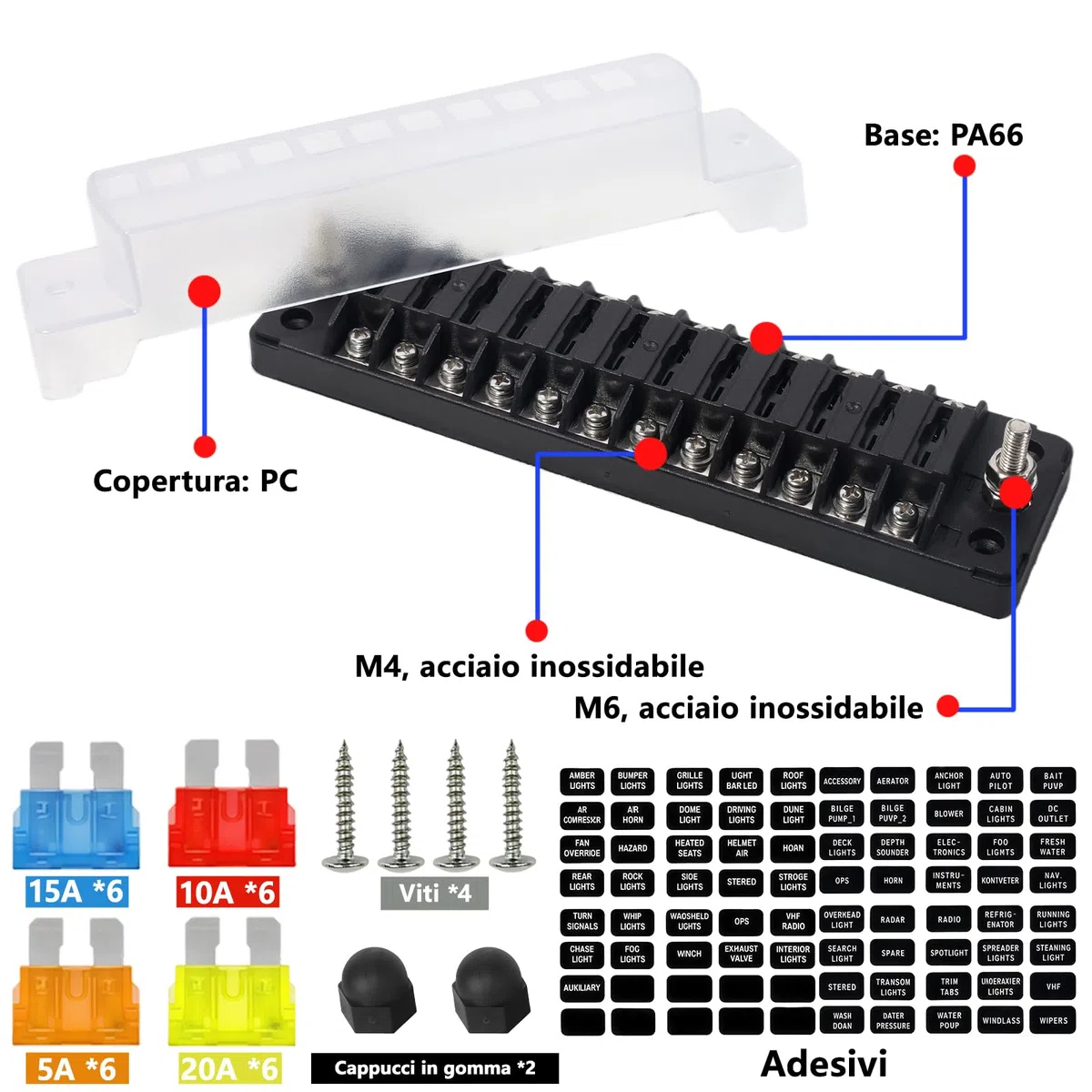 Portafusibili 12V ermetico, 12 vie scatola fusibili ATC/ATO con barra collettrice negativa, senza LED, per auto barca camper roulotte SUV camion – 12 circuiti