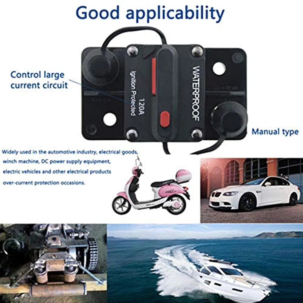 Interruttore automatico in linea per audio auto, impermeabile, CC 12 V-48 V, con reset manuale, portafusibili, interruttore automatico, portafusibili, per auto, barche, camper, roulotte (120 A)