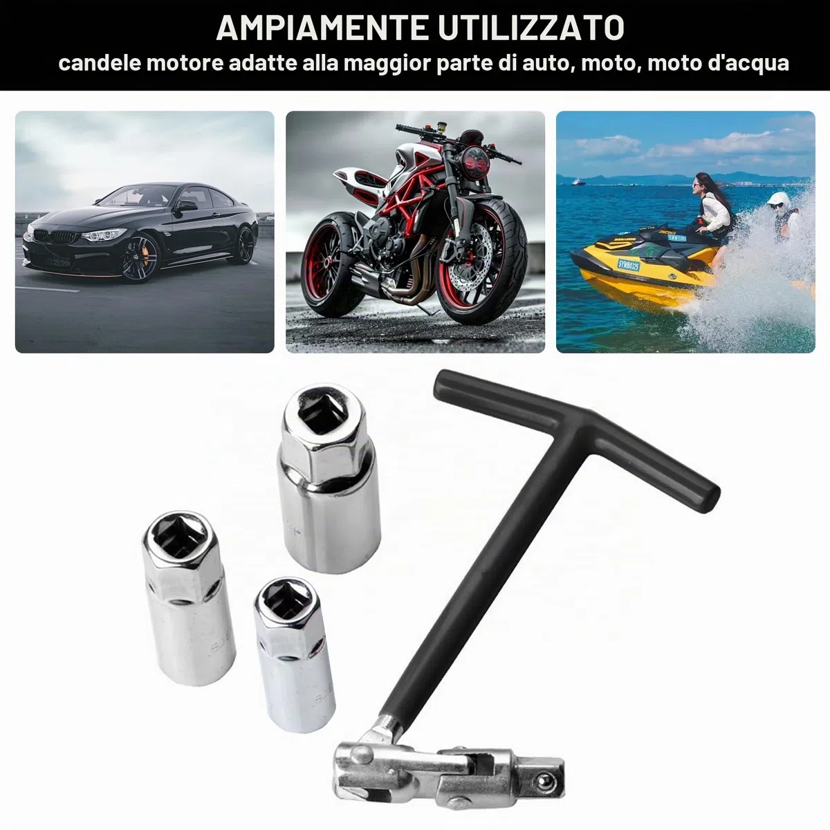 Set di 4 chiavi per candele di accensione, universale, con impugnatura a T, 16 mm, 18 mm, 21 mm, per auto, moto, candele di accensione