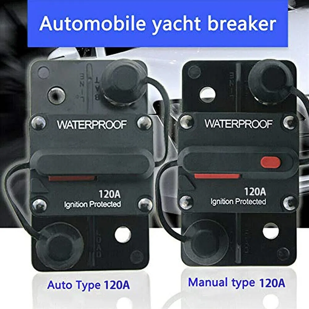 Interruttore automatico in linea per audio auto, impermeabile, CC 12 V-48 V, con reset manuale, portafusibili, interruttore automatico, portafusibili, per auto, barche, camper, roulotte (120 A)