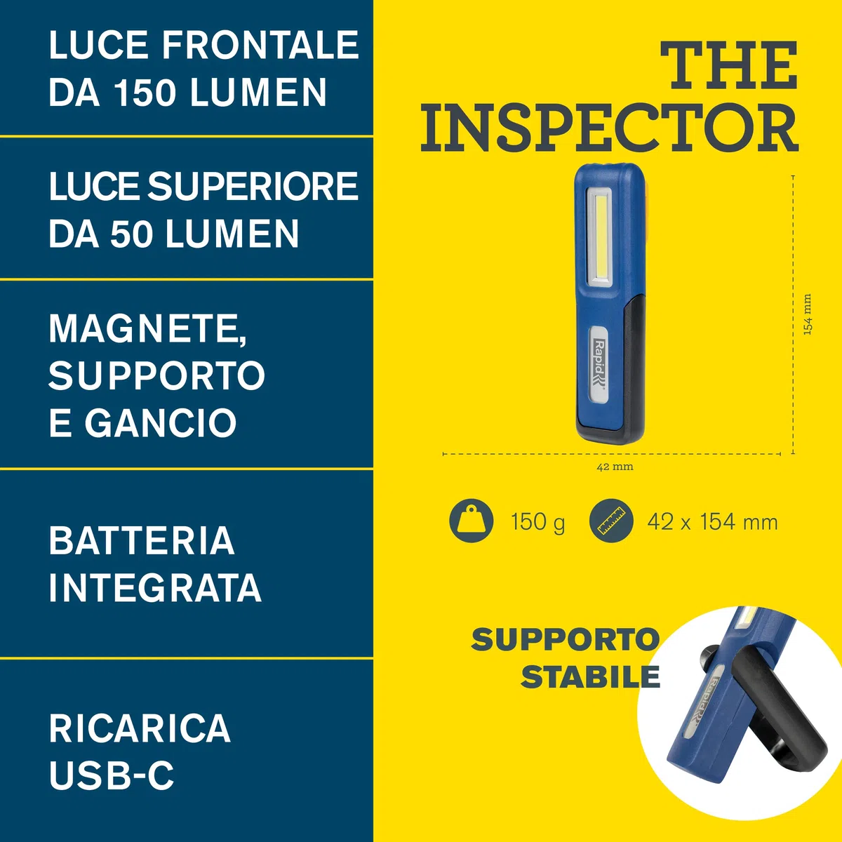 Rapid The Inspector Luce da Lavoro a LED Compatta da 150 Lumen e Luce Superiore da 50 Lumen, con Batteria Ricaricabile USB-C, 3,6 V, Supporto Magnetico e Gancio, Ideale per Spazi Ristretti (5001732)