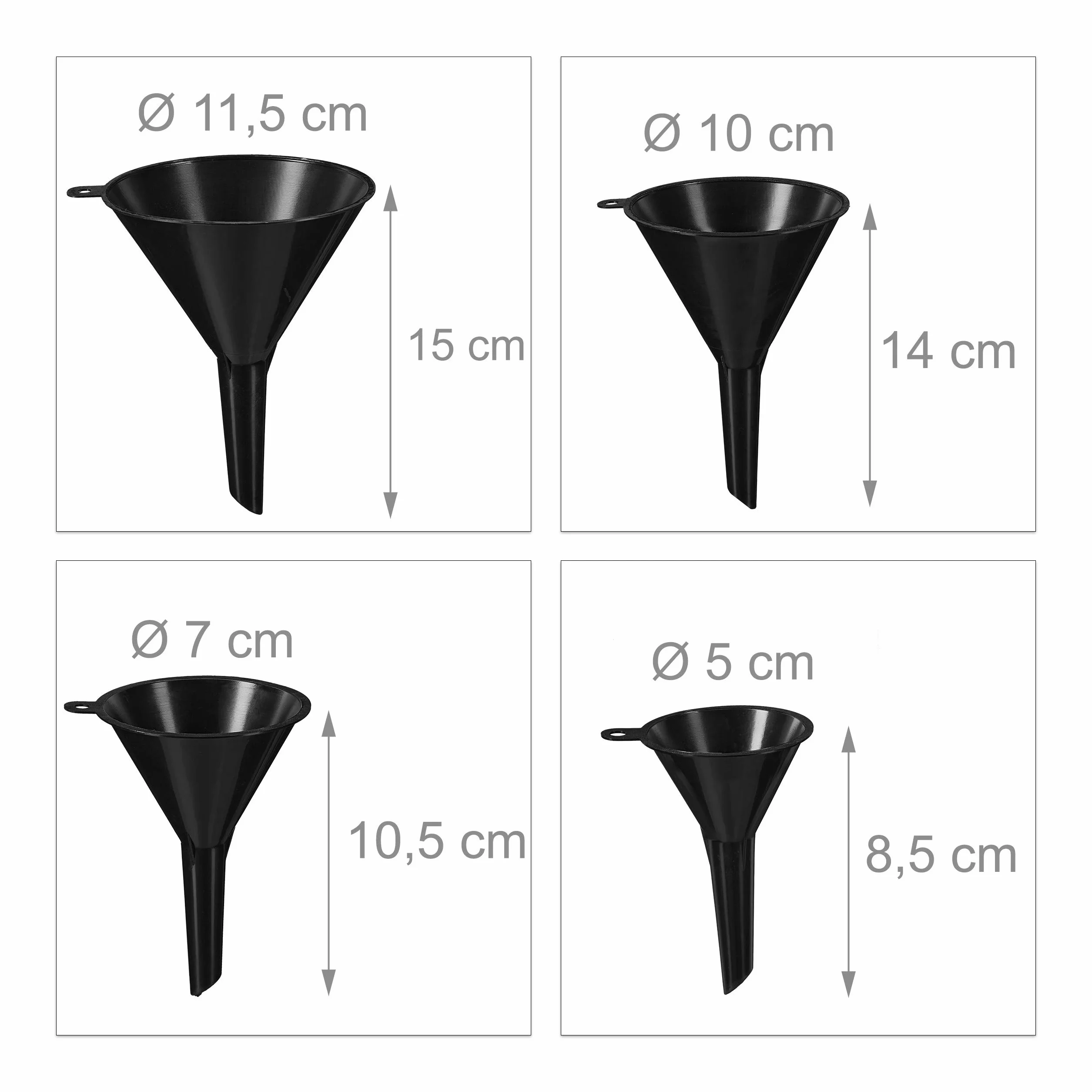 Relaxdays Imbuto per Benzina, Set da 5 in Varie Misure, Attrezzo Universale per Auto & Cucina, con Tubo Flessibile, Nero