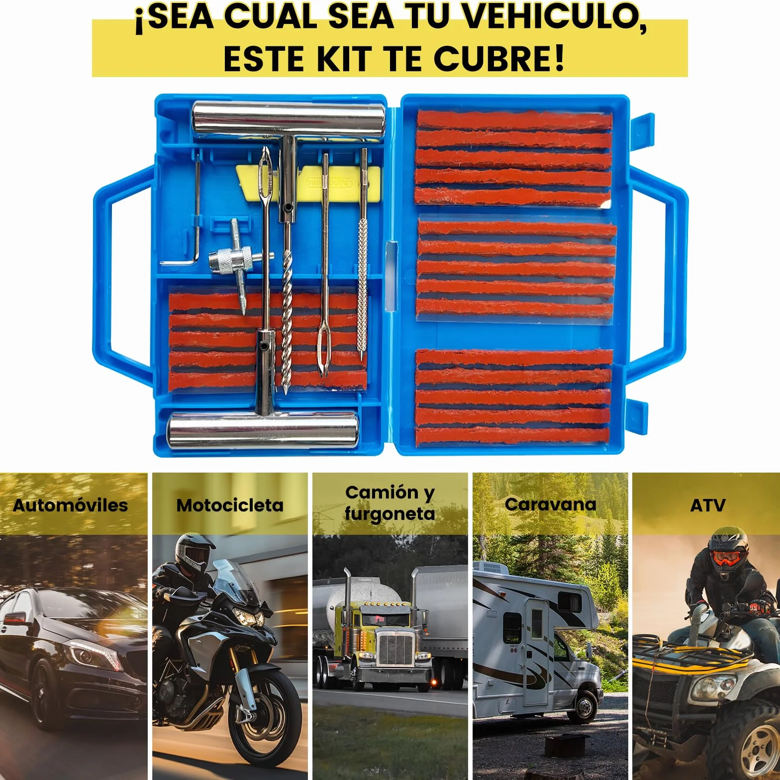 Kit di riparazione forature per auto/moto/caravan, kit di foratura per pneumatici, per fissare forature in 3 minuti, stoppini + accessori completi, compatto per bagagliaio, facile da usare senza