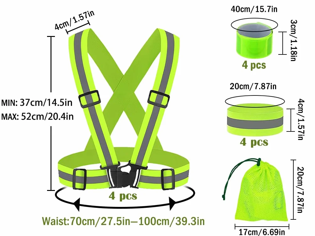 4PCS Gilet Catarifrangente Regolabile, Regolabile Gilet Riflettente, Elasticità Giubbotto Catarifrangente, Elastico Gilet Riflettente, per la Bicicletta,Jogging,Corsa,Escursionismo(Giallo)