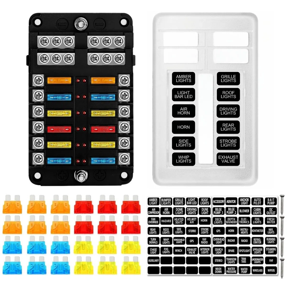 12 Vie Portafusibili Auto 12V con LED, Scatola Fusibili Auto 12 Volt con LED, 24 Fusibili a Lama, Pannello Fusibili 12V per Camper, Barca, Camion, SUV, Trattore, Scatola Porta12 Volt