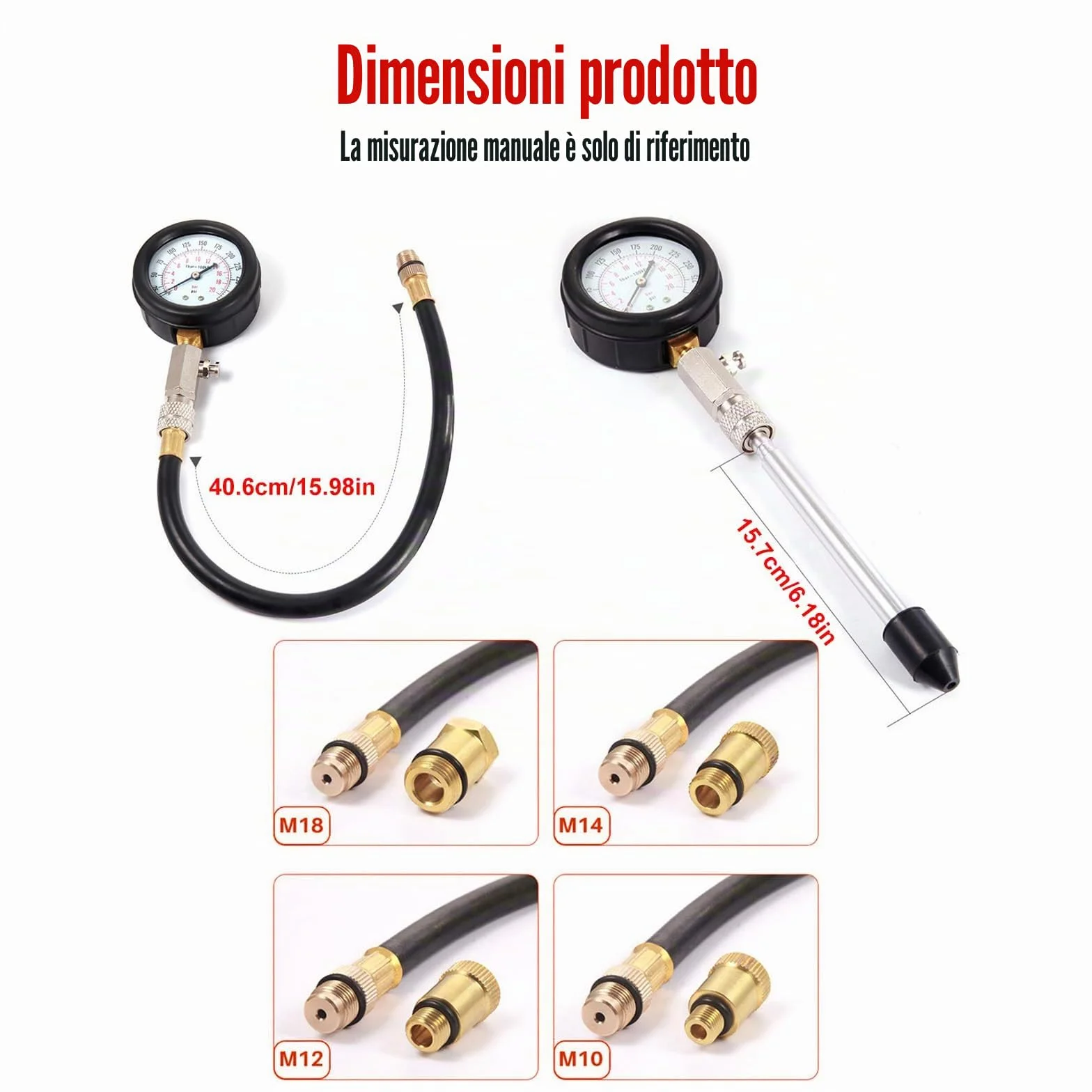 Kit Tester di Compressione per Auto: Set di 4 Adattatori e Valigia, Misuratore di Compressione Motore a Benzina 0-20 Bar o 0-300 PSI, per Camion, Moto