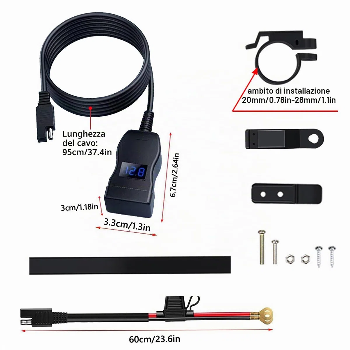 Caricatore USB per Moto 48W, IP65, 2 Porte (QC3.0 18W + PD3.0 30W) con Interruttore & Voltmetro LED, Presa USB-C 12-24V – per Viaggi/Outdoor – Compatibile con Smartphone/GPS/Fotocamera