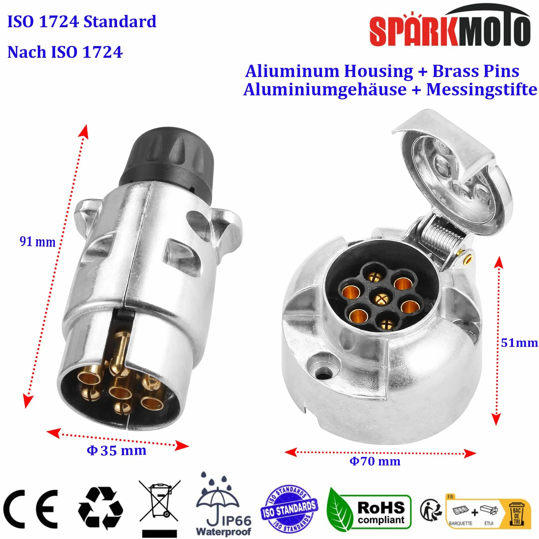 Presa per rimorchio in metallo a 7 pin, in alluminio, 7 poli, spina maschio femmina con accessori di installazione per roulotte e camper