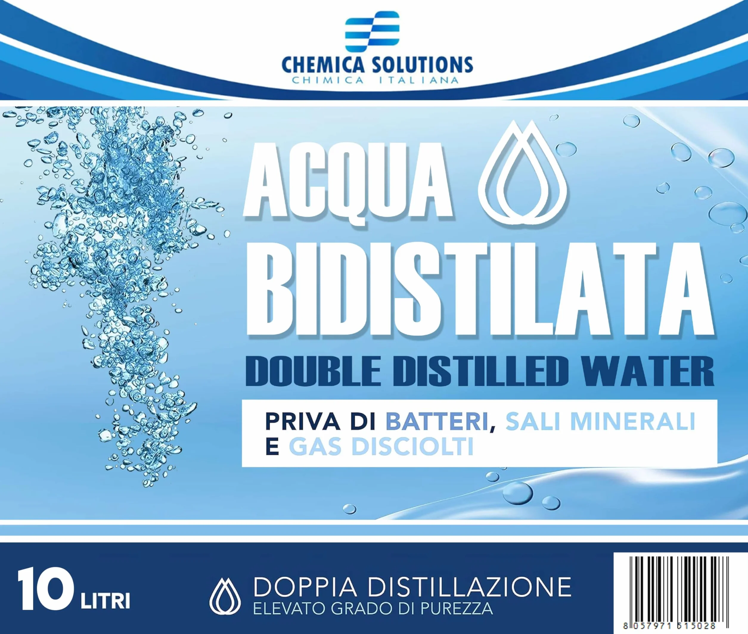 CHEMICA SOLUTIONS Acqua Bidistillata Pura per Uso Industriale e clinico tanica da 10 Litri, Distillata Due Volte, Demineralizzata, per Ferri da Stiro, umidificatori, batterie e Altro Made in Italy