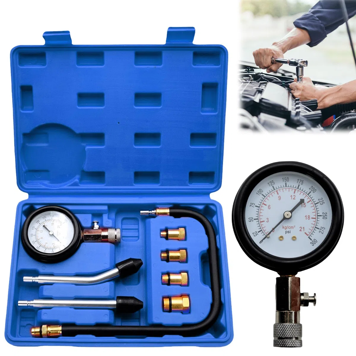 Set di tester di compressione, tester di compressione, misuratore di compressione per auto, M10 M12 M14 M18, colore blu