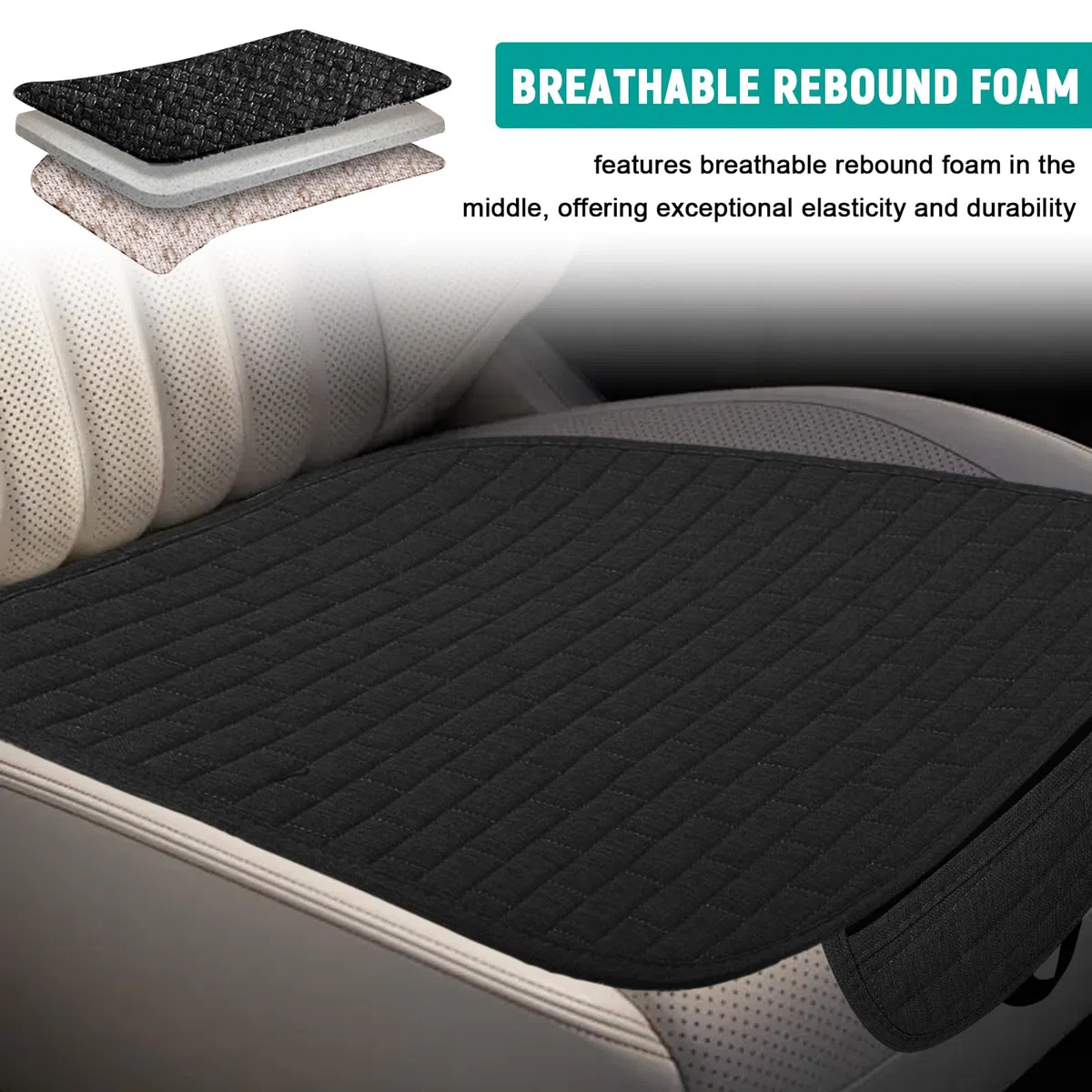Cuscino universale per sedile auto, 60 x 49 cm, antiscivolo, traspirante, morbido e confortevole, per auto, SUV, furgoni, camion, accessori per auto (nero)