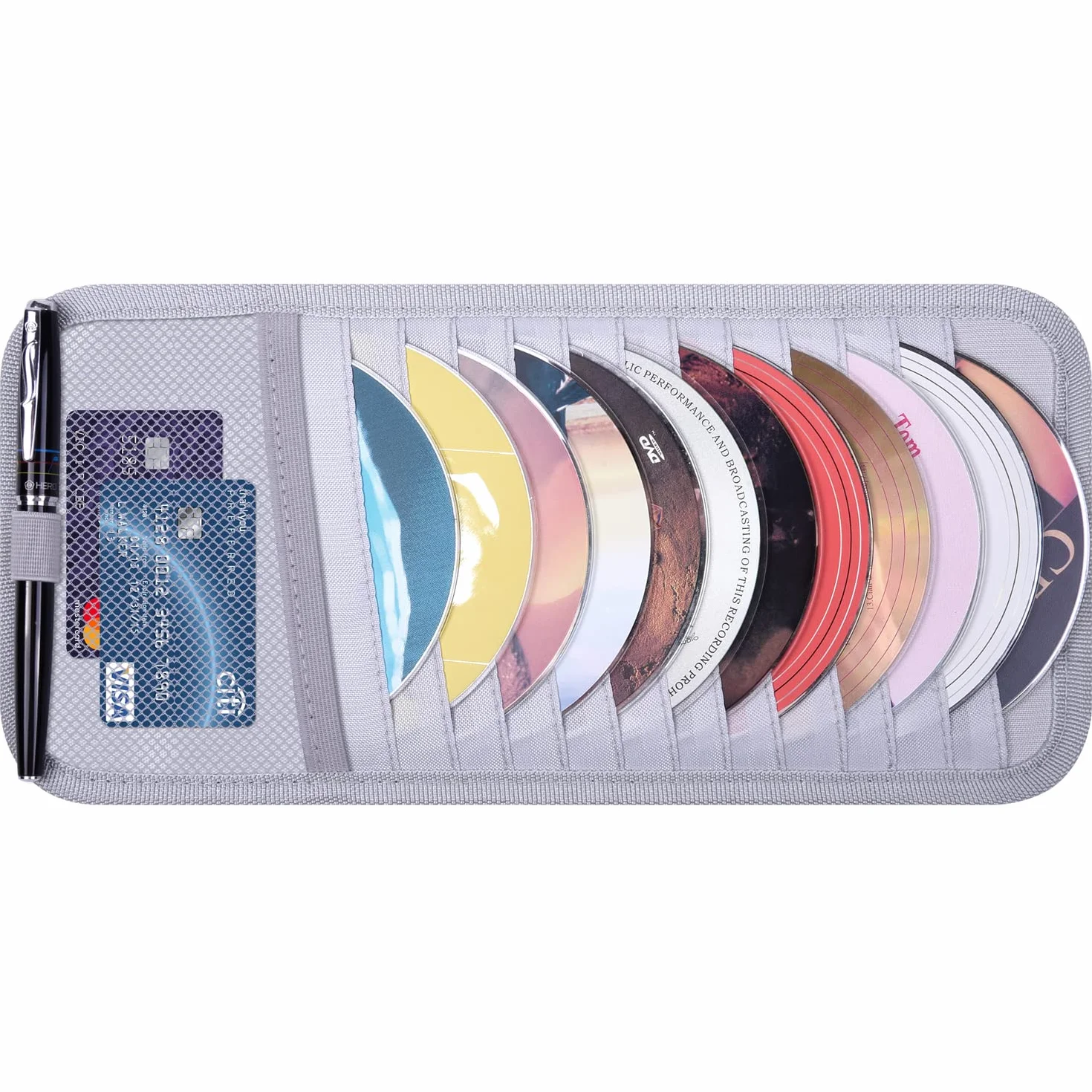 wisdompro Organizer Per Parasole Per Auto, Organizzatore per Visiera Parasole con 12 Custodie per DVD, 1 Tasca in Rete, 1 Portapenne e Cinturino Elastico (Grigio)