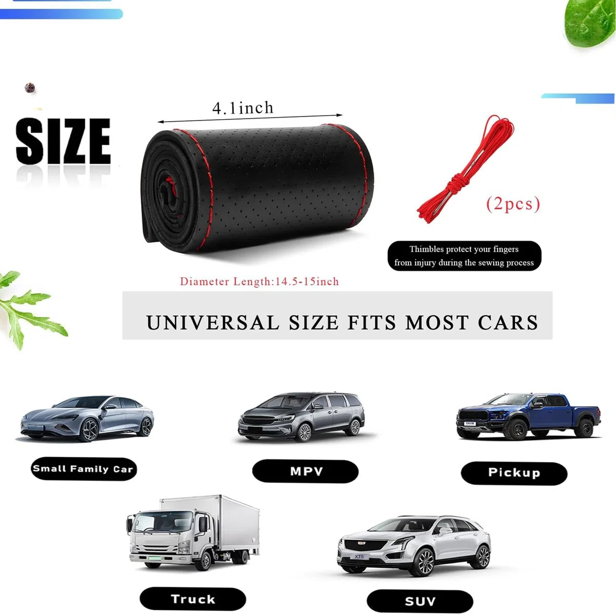 Copertura di volante in pelle,coprivolante auto, Coprivolante Auto Universale, Coperchio del volante con ago e filo，Fit universale 37-39 cm (Linea rossa)