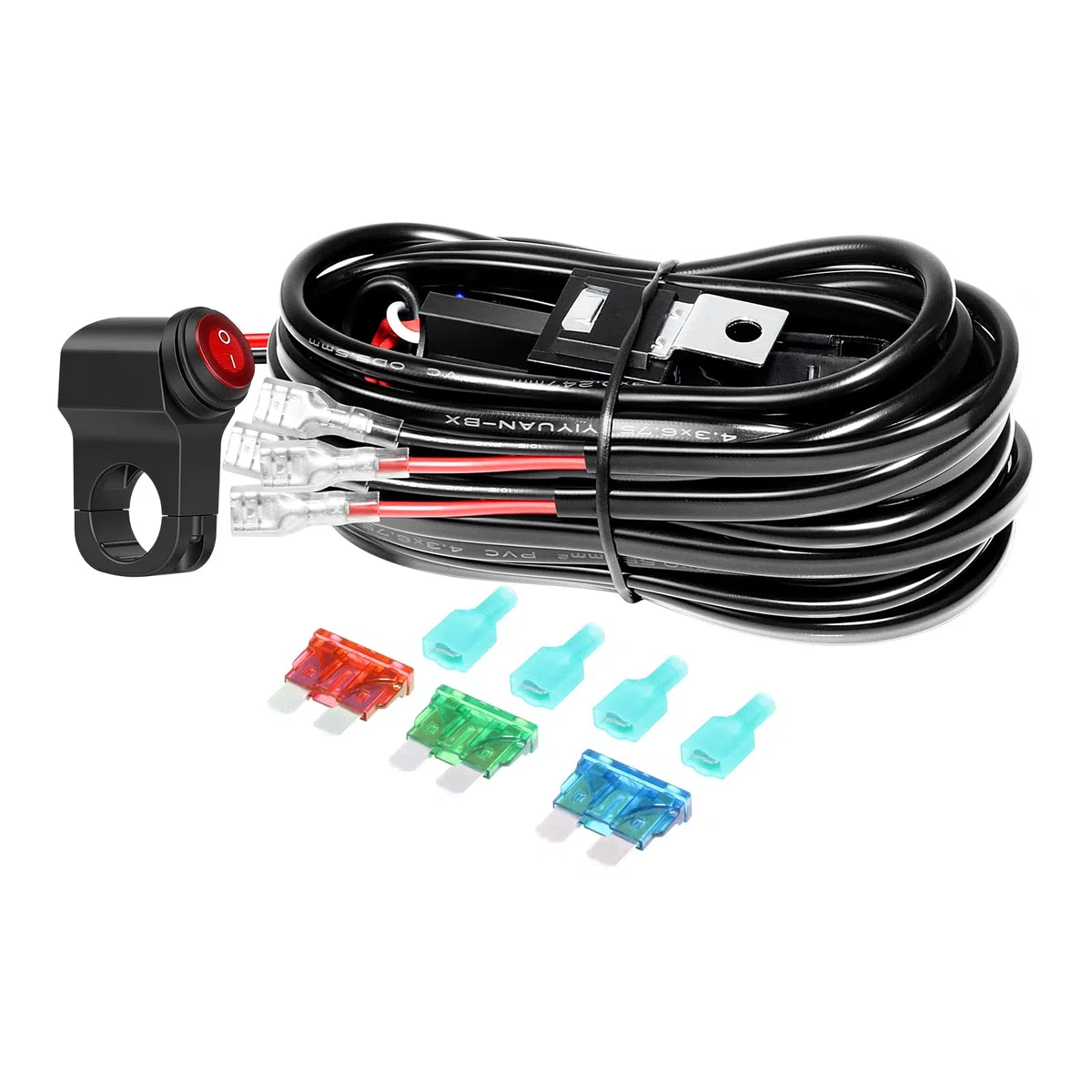Kit Cavo Barra LED Manubrio Moto, Interruttore On/Off, Relè 12V 10A, Filo Auto 18AWG con Fusibile a Lamella, per Luci da Nebbia/Lavoro (per 2 luci)