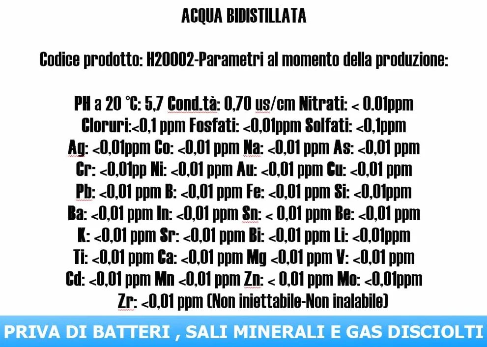 CHEMICA SOLUTIONS Acqua Bidistillata Pura per Uso Industriale e clinico tanica da 10 Litri, Distillata Due Volte, Demineralizzata, per Ferri da Stiro, umidificatori, batterie e Altro Made in Italy
