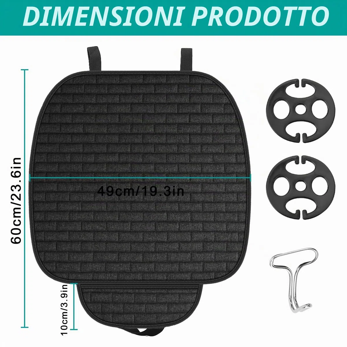 Cuscino universale per sedile auto, 60 x 49 cm, antiscivolo, traspirante, morbido e confortevole, per auto, SUV, furgoni, camion, accessori per auto (nero)