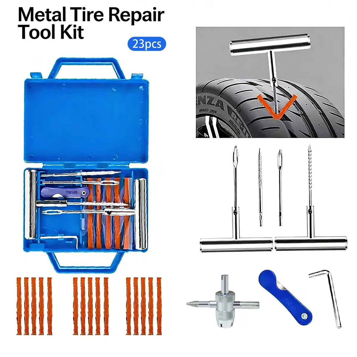 23 pezzi Kit di riparazione pneumatici auto, per auto, moto, camion, ATV, bicicletta, trattore, ecc
