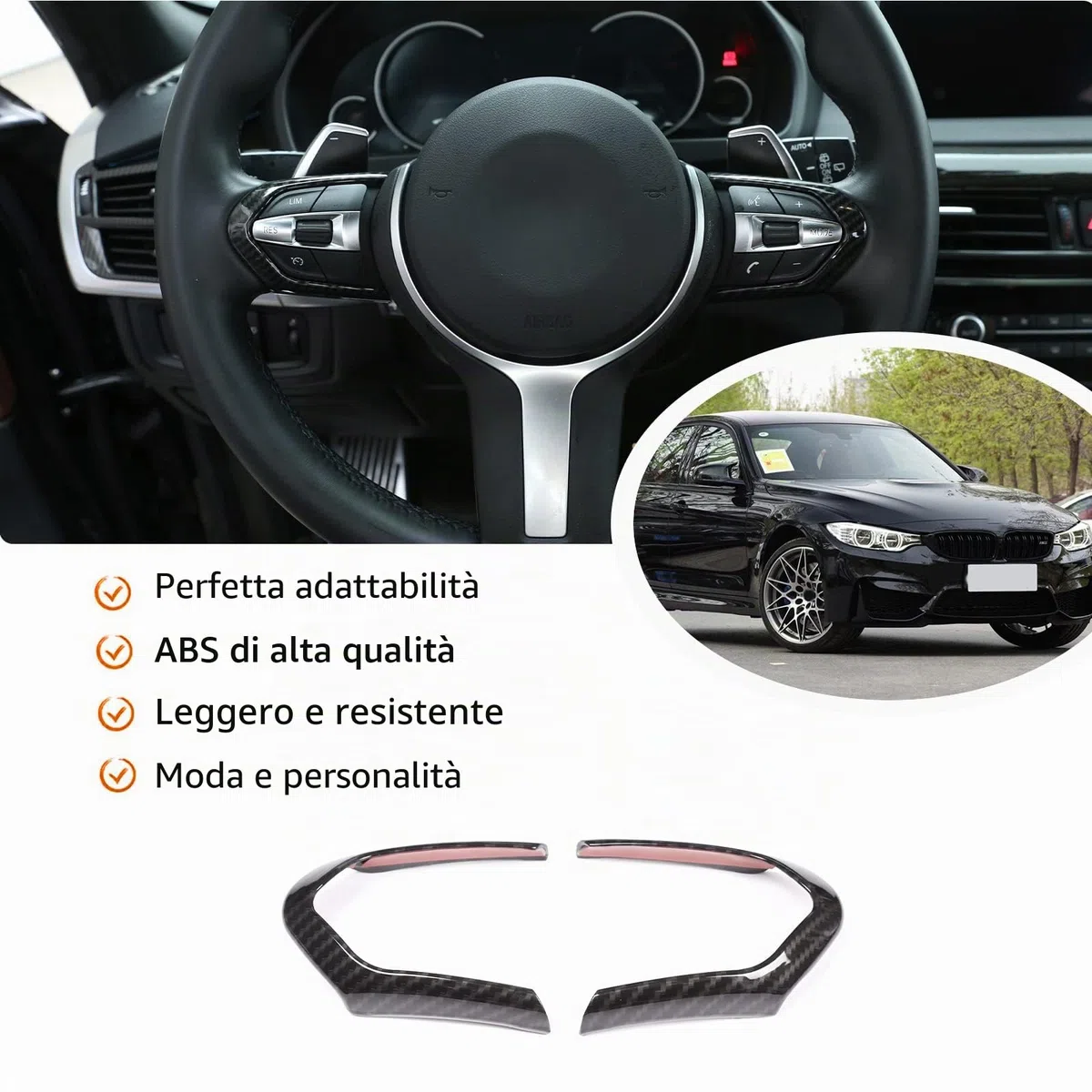 Mascherina per volante, in fibra di carbonio, in ABS cromato