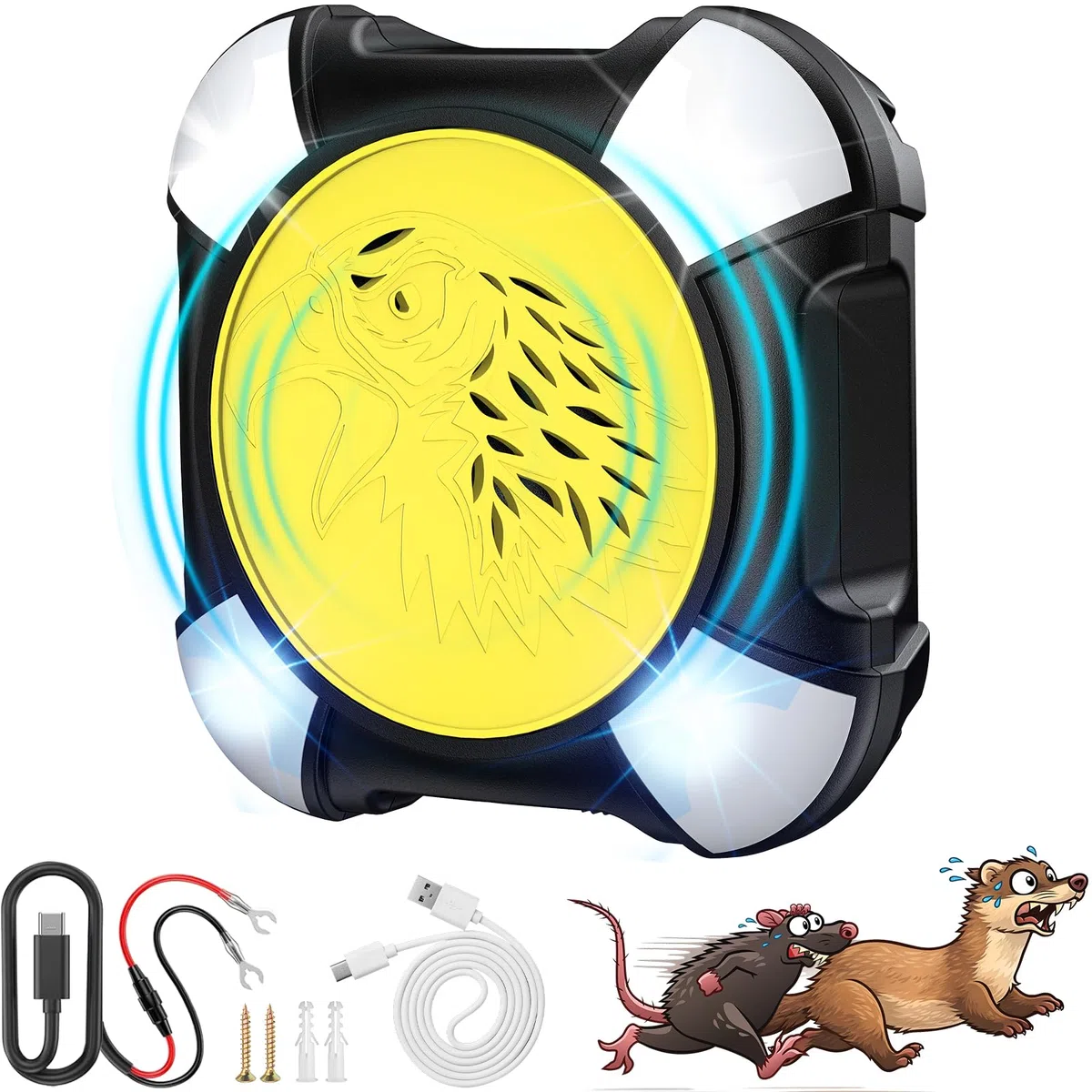 Onherm Repellente Topi per Auto con Flash, Anti Martora Auto, Alimentatore per Veicoli 12V e USB, Repellente Ultrasonico per Roditori Adatto per Auto, Garage, Case e Soffitte(1 unità)
