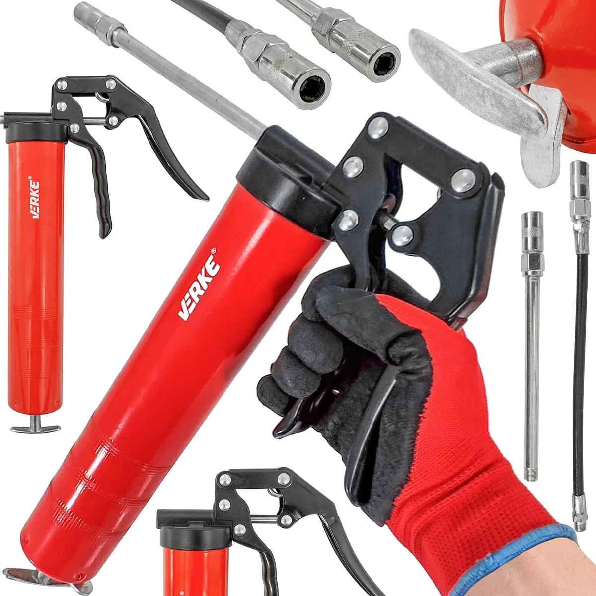 Ingrassatore Manuale 500 ml, Pistola per Grasso Professionale in Acciaio con Tubo Flessibile e Beccuccio Rigido