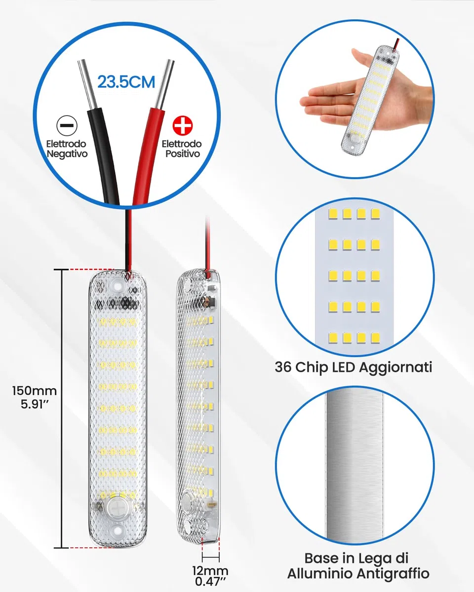 Luxvista Barra Luminosa LED 12V, Luci LED 12V per Furgone, 36 LED per Auto Interni con Interruttore ON/OFF per Camion Camper Furgone Barca Cucina, 6000K (4 Pezzi)
