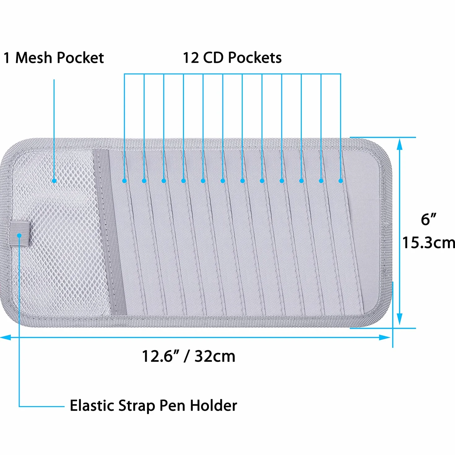 wisdompro Organizer Per Parasole Per Auto, Organizzatore per Visiera Parasole con 12 Custodie per DVD, 1 Tasca in Rete, 1 Portapenne e Cinturino Elastico (Grigio)