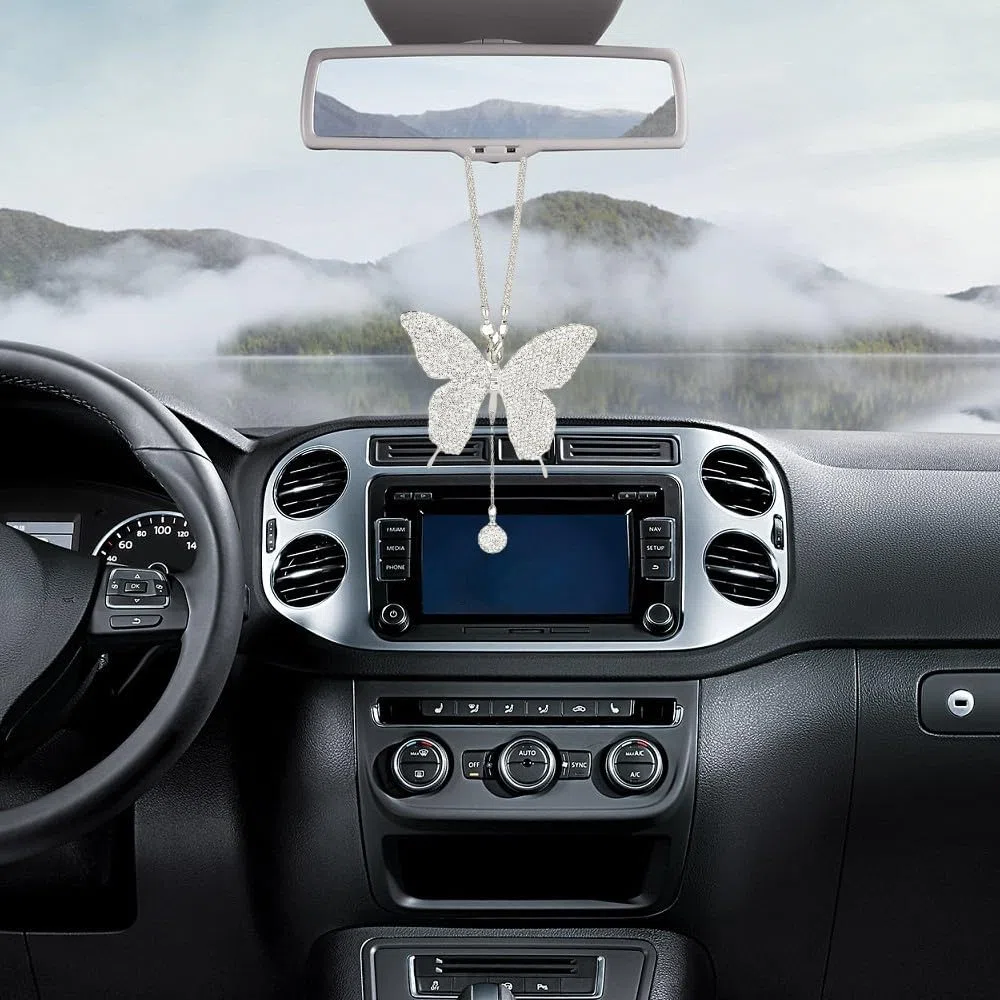 DONGKER Ornamento Appendere Auto, Ciondolo Farfalla per Specchietto Retrovisore con Strass Ornamenti, Decorazione Appeso per Auto e Casa