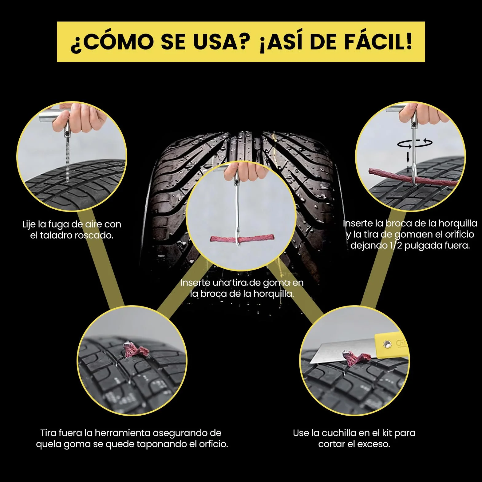 Kit di riparazione forature per auto/moto/caravan, kit di foratura per pneumatici, per fissare forature in 3 minuti, stoppini + accessori completi, compatto per bagagliaio, facile da usare senza