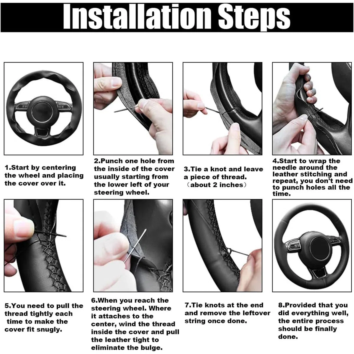 Copertura di volante in pelle,coprivolante auto, Coprivolante Auto Universale, Coperchio del volante con ago e filo，Fit universale 37-39 cm (Linea rossa)