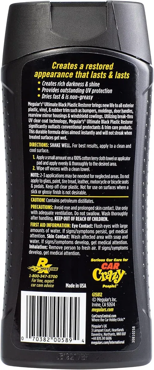 Meguiar's G15812EU Ultimate Black Restorer - Rinnova Plastiche Esterne, Vinile, Gomma - Protezione UV, Asciuga Rapidamente - Nero Splendente - 355 ml - Pulizia Auto