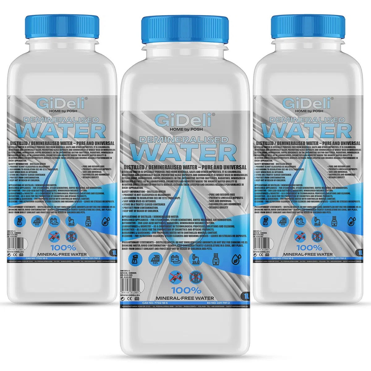 GiDeli Acqua demineralizzata, 3 x 1 l, acqua distillata per ferro da stiro, batterie, refrigeratore, umidificatore, acquario e laboratorio, acqua senza calcare, inodore, trasparente
