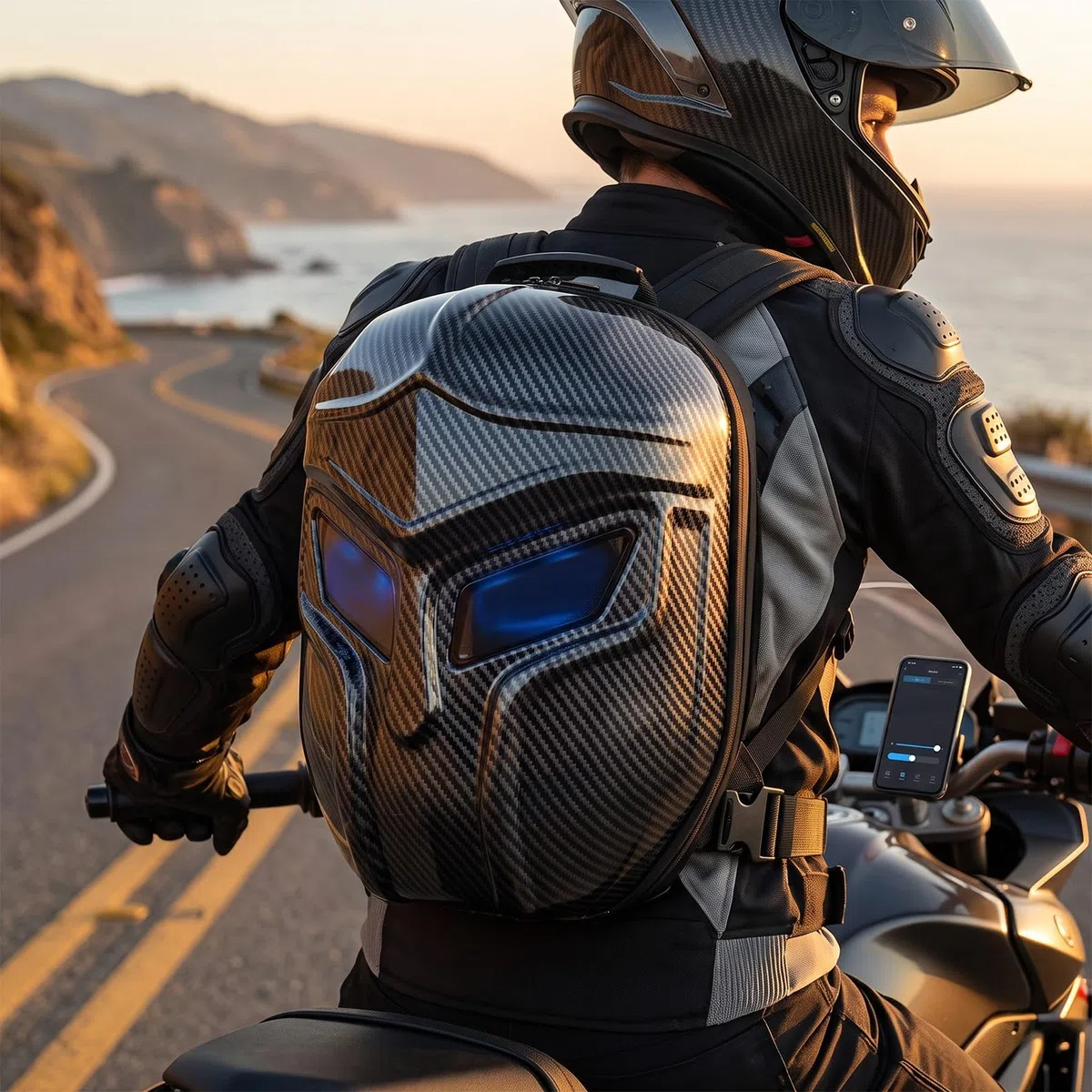 Asixxsix Zaino Moto da Uomo a LED, LED a Colori Programmabile | Controllo tramite app, visibilità notturna migliorata per unas guida più sicuras, guscio rigido impermeabile, per il ciclismo