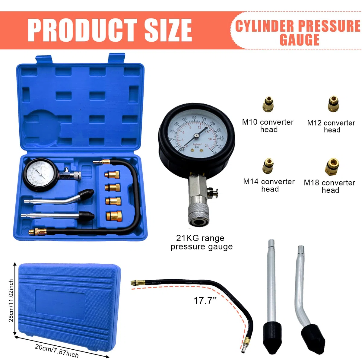 Vaileal Tester di compressione a benzina con manometro per candele e 4 adattatori, 0-20 bar o 0-300 psi, tester di pressione M10, M12, M14, M18 per auto, camion
