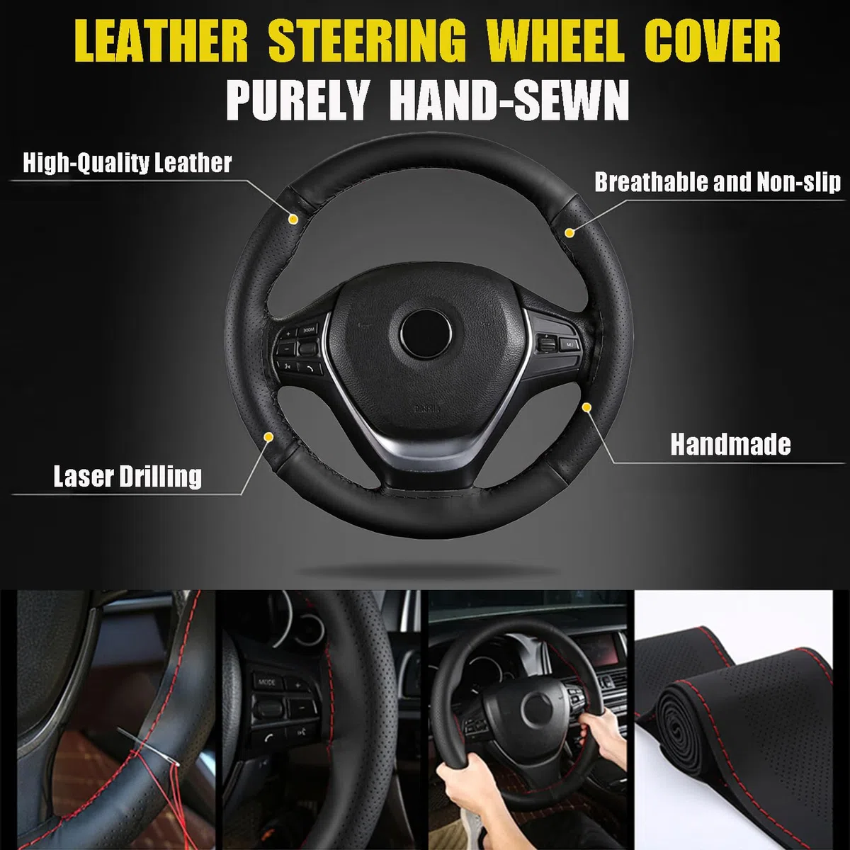 Copertura di volante in pelle,coprivolante auto, Coprivolante Auto Universale, Coperchio del volante con ago e filo，Fit universale 37-39 cm (Linea rossa)