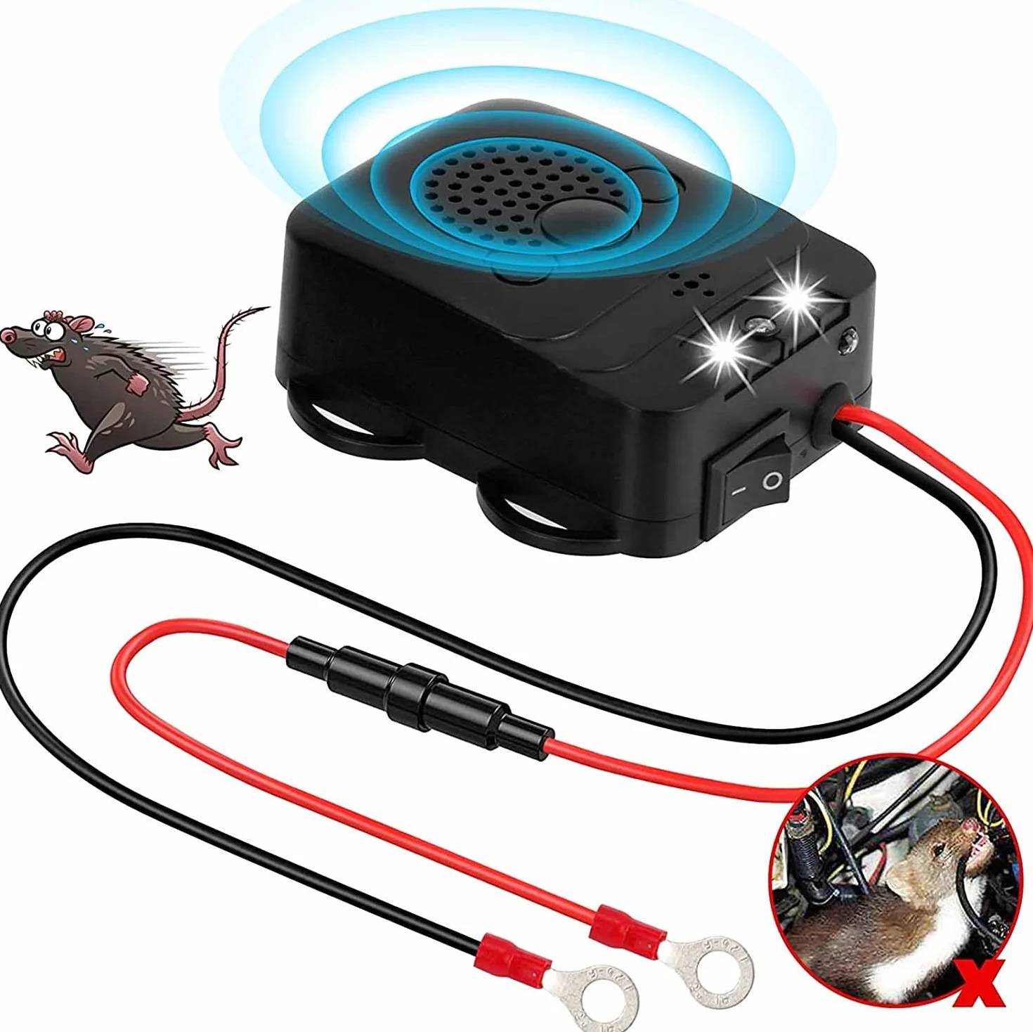 Grunda - Repellente ad ultrasuoni per Auto, Repellente Ultrasuoni per Topi, 12 kHz-25 kHz, Collegamento a Batteria da 12 V, Frequenza Variabile, per Motore Auto, Topi e Altri Roditori Infestanti