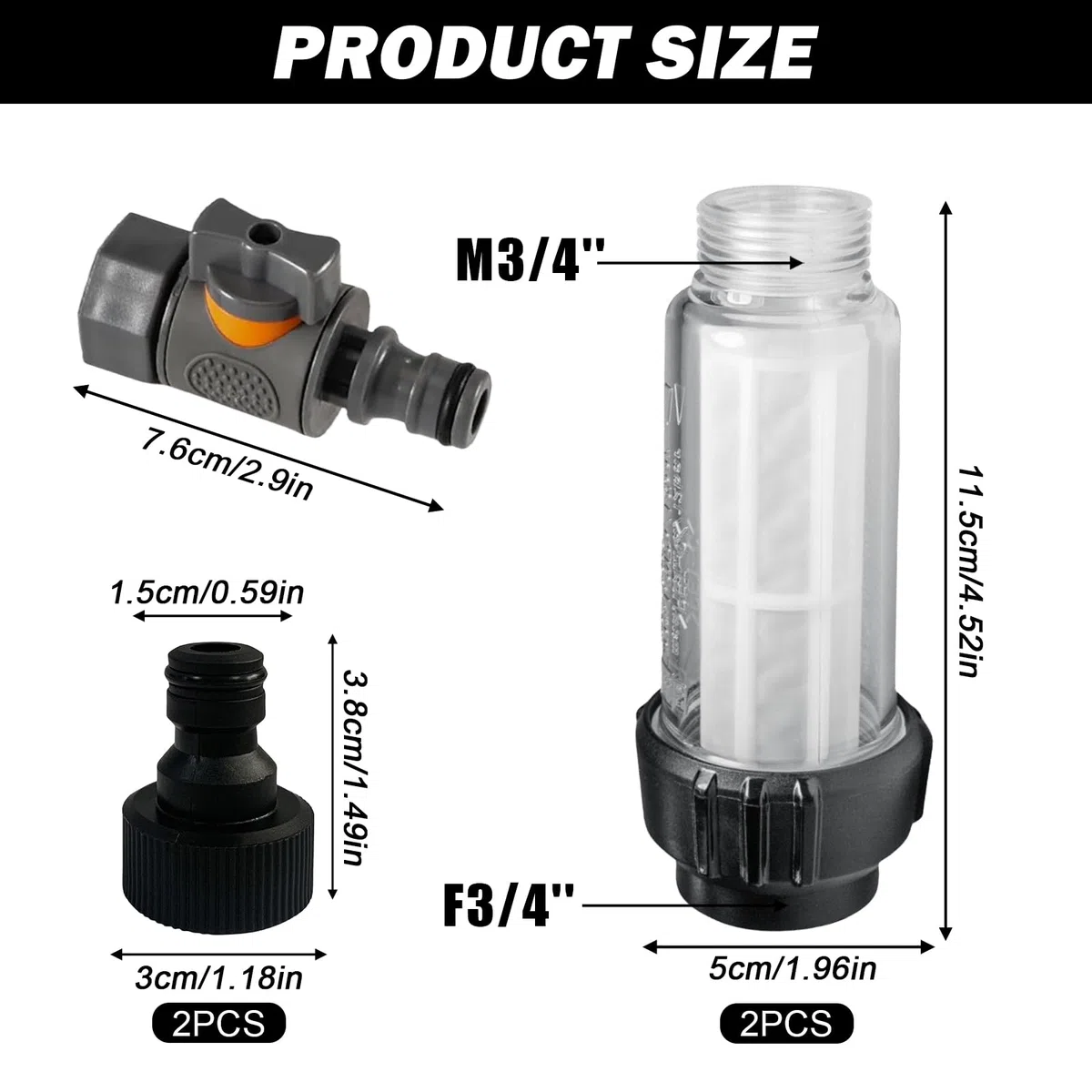 Sporgo 2 filtri per l'acqua per camper: 3/4 pollici, prefiltro per acqua, filtro di ricambio con adattatore rapido e valvola di regolazione, filtro dell'acqua, per roulotte, accessori per caravan,