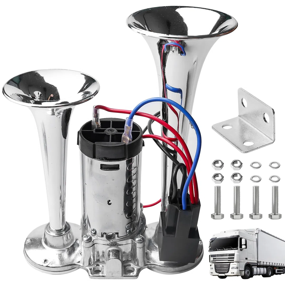 Clacson LWK 12 V, rumoroso per auto con compressore, doppio tubo ad aria compressa, tromba ad aria compressa per tutti i veicoli da 12 V, camion, treno, auto, barca, moto, furgone