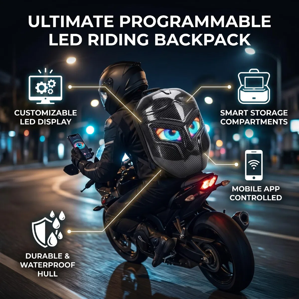 Asixxsix Zaino Moto da Uomo a LED, LED a Colori Programmabile | Controllo tramite app, visibilità notturna migliorata per unas guida più sicuras, guscio rigido impermeabile, per il ciclismo