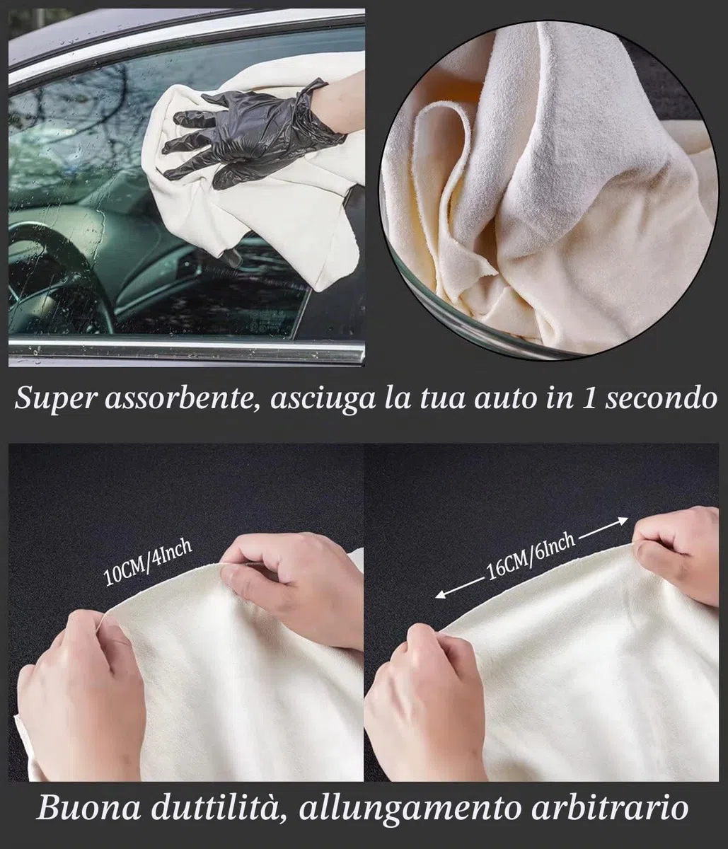 Panno in pelle di camoscio per auto, 60 x 40 cm, extra spesso, per asciugare e pulire i vetri, asciugamano in pelle morbida naturale, super assorbente e riutilizzabile, per dettagli interni ed esterni