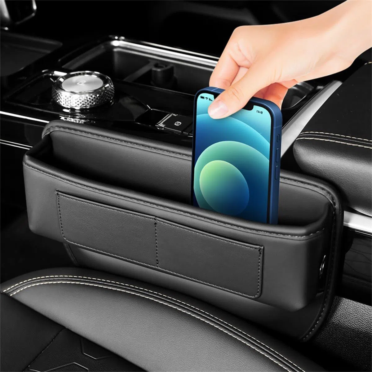JNNJ Scatola Portaoggetti per Auto, Tasca a Fessura Del Sedile con Organizer in Pelle per Lo Stoccaggio, Riporre Cellulari Laterali (Nero)