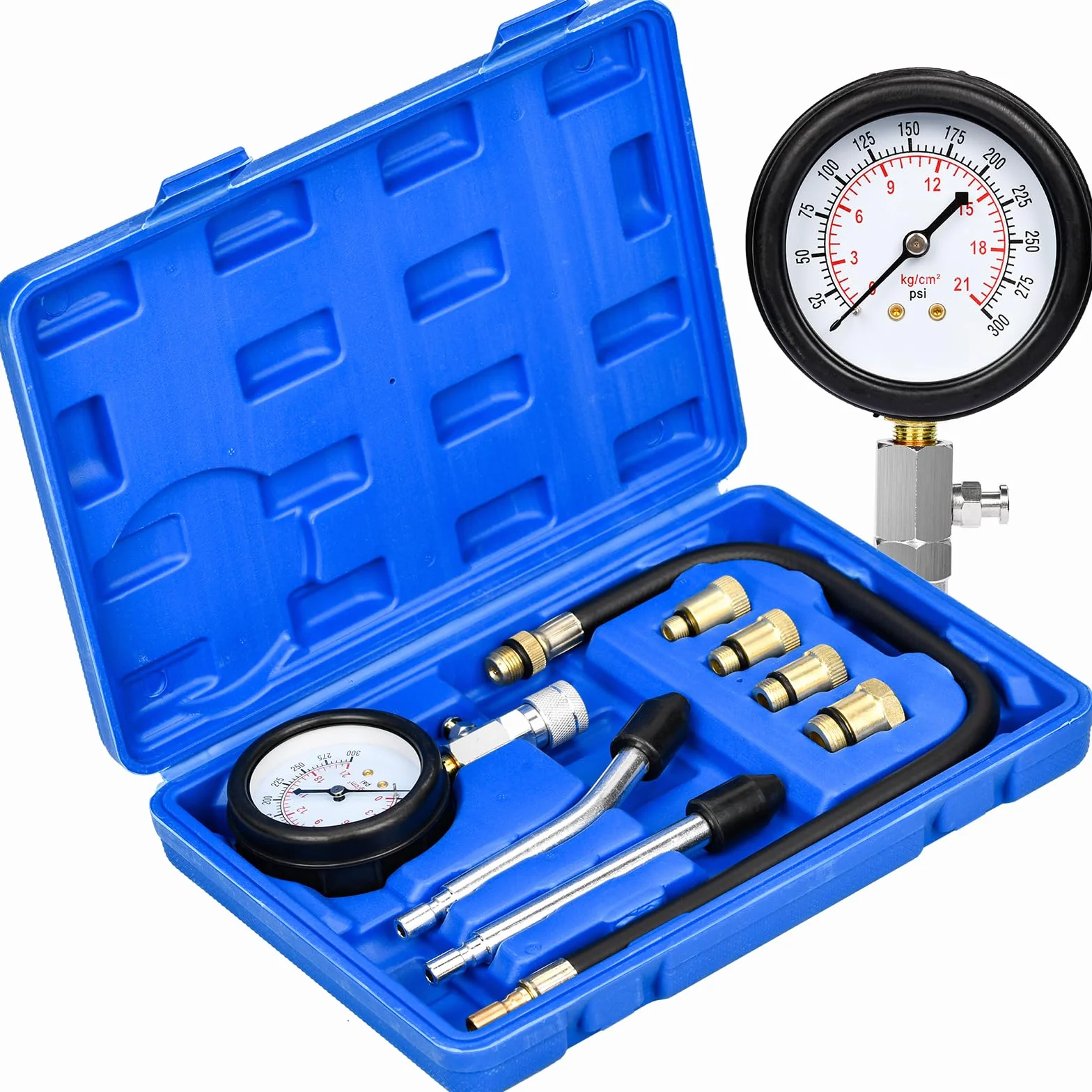 Tester di Compressione, Manometri Compressione per Motori Benzina 0-20 Bar o 0-300 PSI con 4 Adattatori M10 M12 M14 M18 per Auto e Moto (Blu)