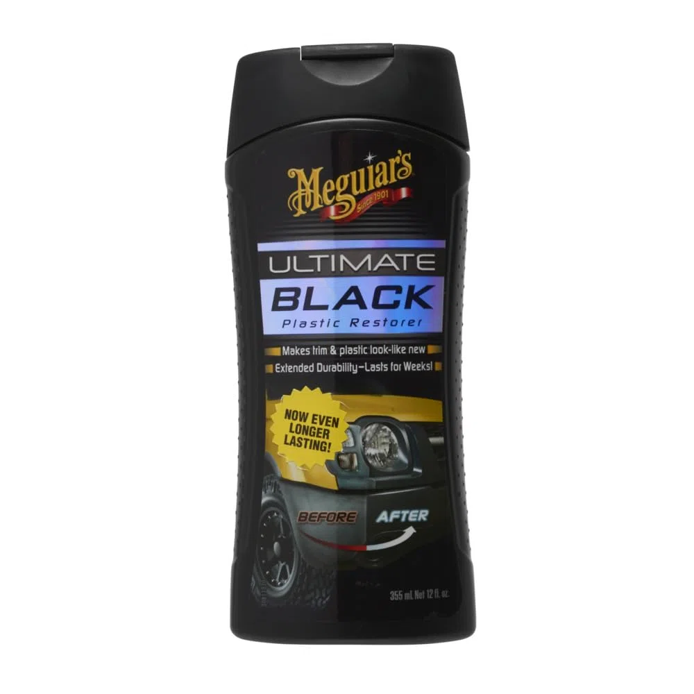 Meguiar's G15812EU Ultimate Black Restorer - Rinnova Plastiche Esterne, Vinile, Gomma - Protezione UV, Asciuga Rapidamente - Nero Splendente - 355 ml - Pulizia Auto